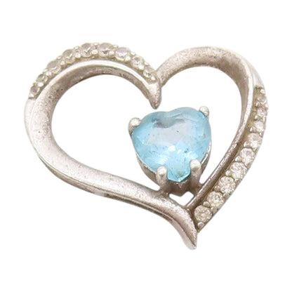 925 Sterling Silver Vintage Pendant Blue Topaz Tilted Love Heart Charm  PT25065