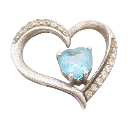 925 Sterling Silver Vintage Pendant Blue Topaz Tilted Love Heart Charm  PT25065