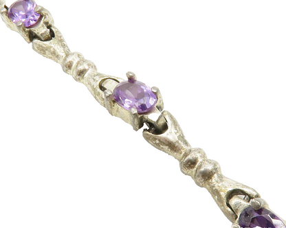 MEXICO 925 Sterling Silver Vintage Amethyst Bow Link Chain Bracelet BT5129