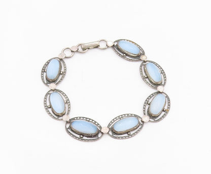 925 Sterling Silver Vintage Bracelet BEAU Antique Cabochon Cat Eye Link  BT11515