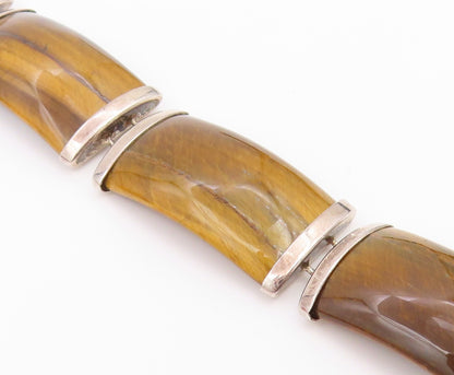 925 Sterling Silver Vintage Bracelet Tiger's Eye Curved Panel Link  BT12182