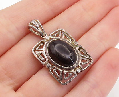 925 Sterling Silver  Vintage Cabochon Cut Black Onyx Square Pendant  PT5527