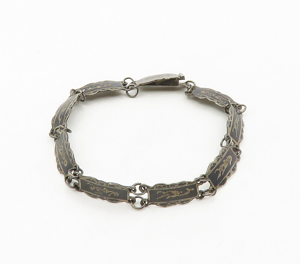 SIAM 925 Sterling Silver  Vintage Niello Enamel Dancer Chain Bracelet  BT6426