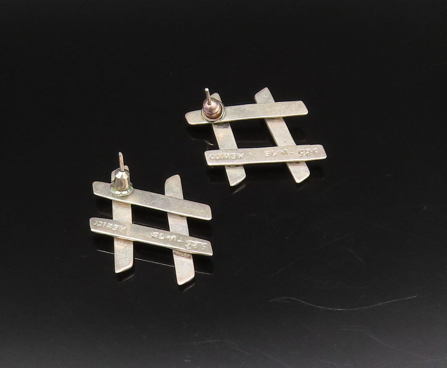 MEXICO 925 Silver  Vintage Fashion Tic Tac Toe Hashtag Stud Earrings  EG12199