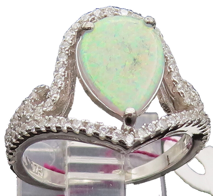 925 Silver  Vintage Pear Fire Opal & Swirly CZ Band Cutout Ring Sz 6  RG26756