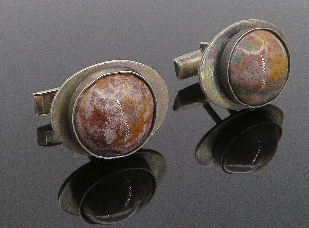 BEBE 925 Sterling Silver  Vintage Cabochon Cut Jasper Round Cuff Links  TR1295