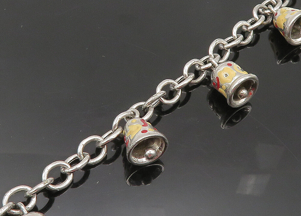 925 Sterling Silver  Vintage Enamel Floral Bell Charms Chain Bracelet  BT8380