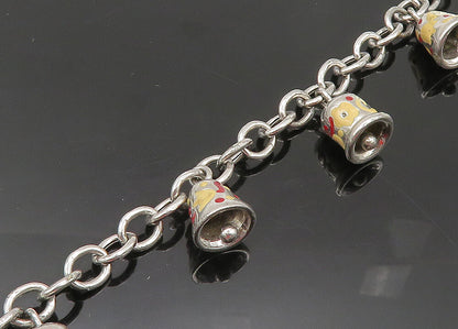 925 Sterling Silver  Vintage Enamel Floral Bell Charms Chain Bracelet  BT8380