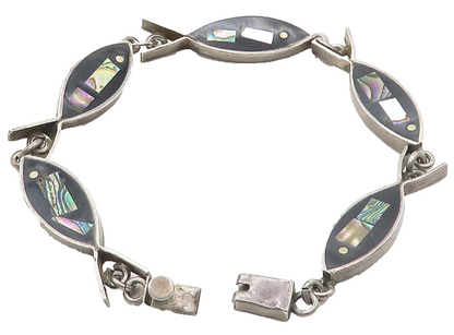 MEXICO 925 Sterling Silver Vintage Abalone Black Onyx Fish Chain Bracelet BT4494