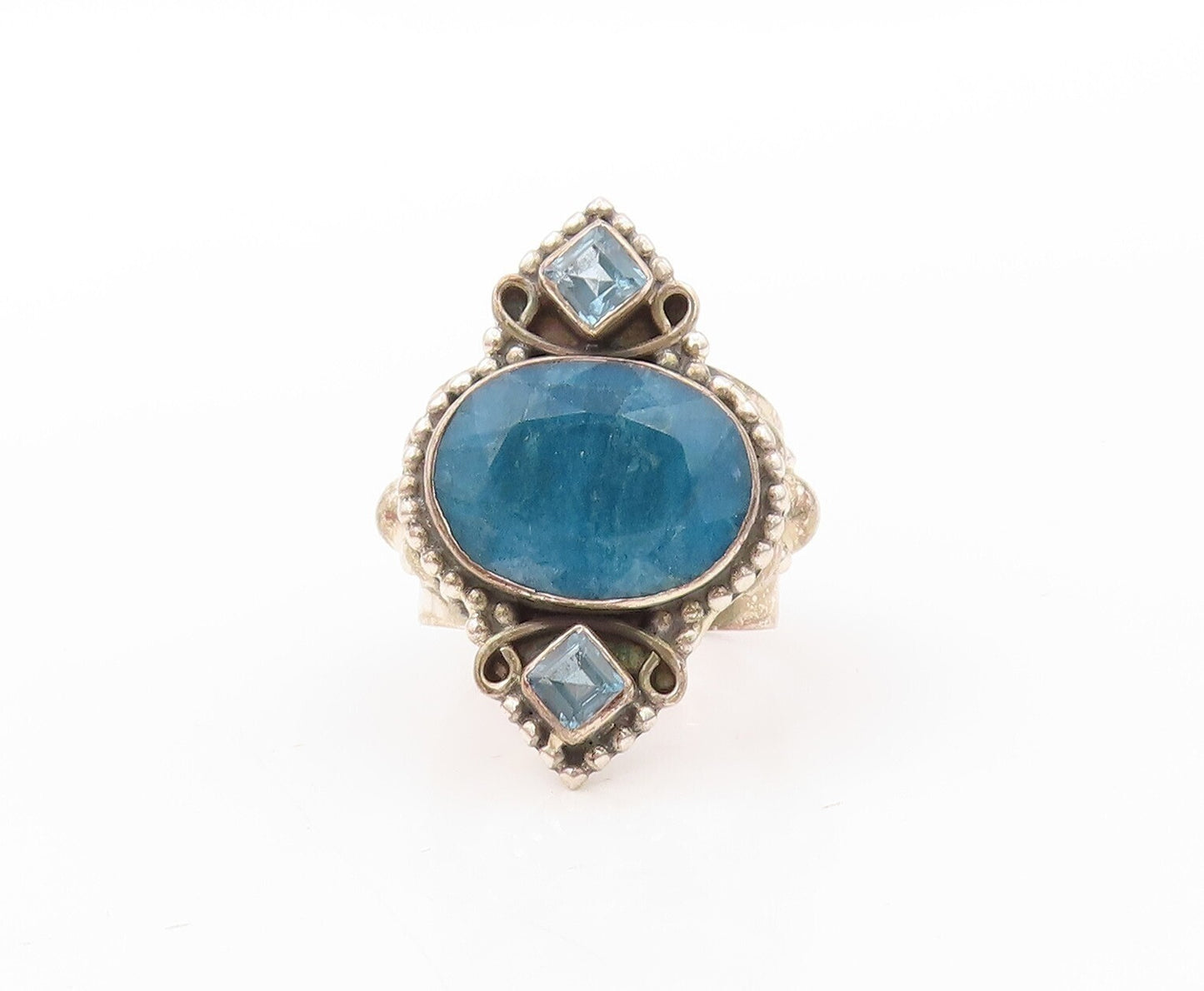 925 Sterling Silver Vintage Ring Carved Oval Gemstone Blue Topaz  Sz 8  RG30572
