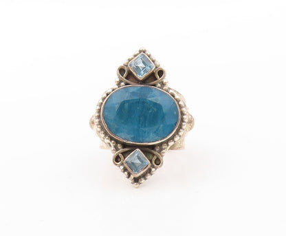 925 Sterling Silver Vintage Ring Carved Oval Gemstone Blue Topaz  Sz 8  RG30572