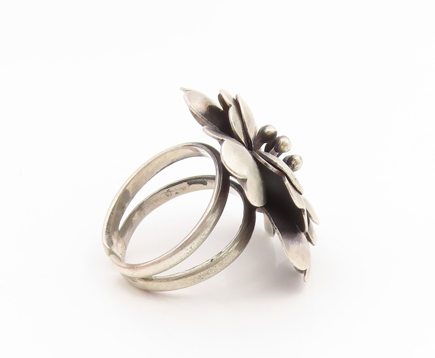 925 Sterling Silver Vintage Ring Modernist Carved Floral Rose  Sz 8.5  RG35110