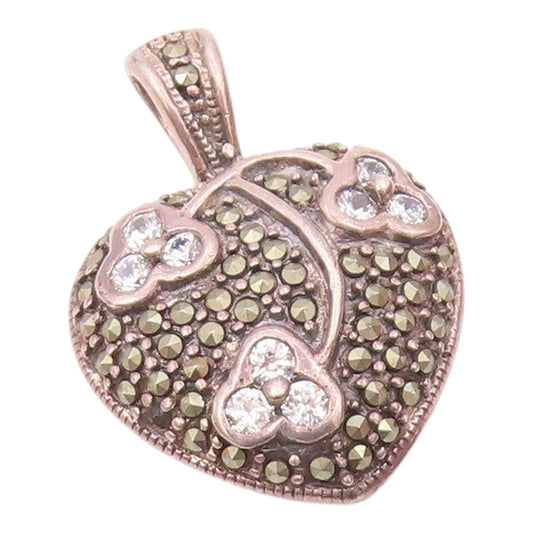 925 Sterling Silver  Vintage Cubic Zirconia & Marcasite Heart Pendant  PT17097