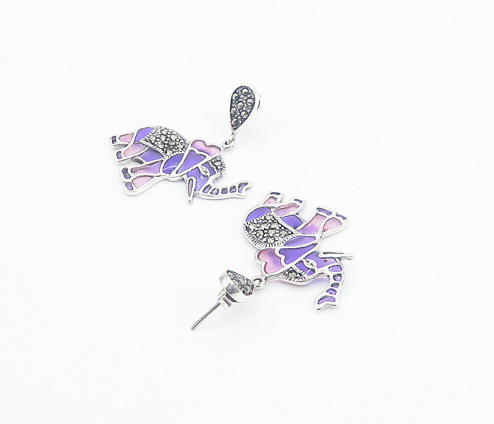 925 Sterling Silver  Shiny Marcasite & Enamel Elephant Dangle Earrings  EG3022