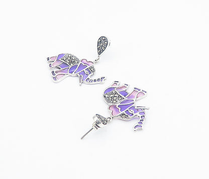 925 Sterling Silver  Shiny Marcasite & Enamel Elephant Dangle Earrings  EG3022