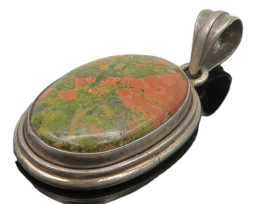 925 Sterling Silver  Vintage Cabochon Cut Unakite Oval Drop Pendant  PT11729