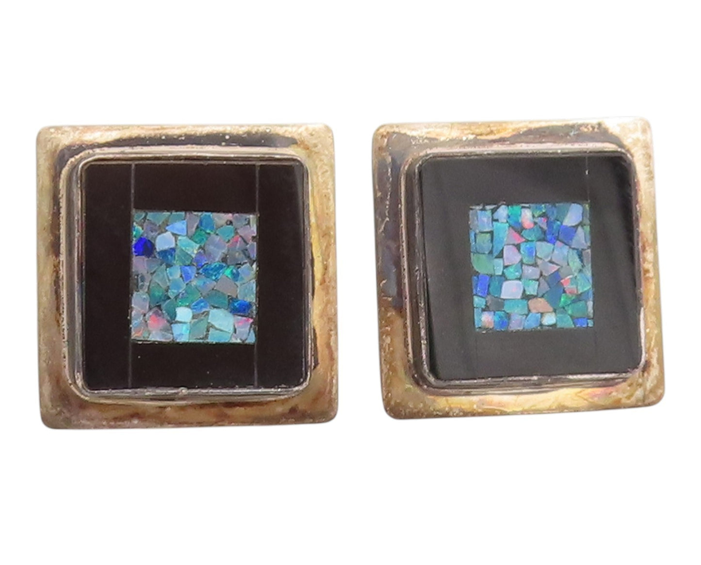 925 Sterling Silver Vintage Earrings Crushed Opal & Onyx Geometric Inlay EG14282