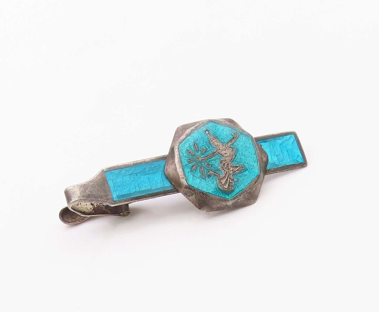 SIAM 925 Sterling Silver  Vintage Blue Enamel Dancer Tie Clip  TR2909