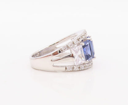 925 Sterling Silver Vintage Ring Rectangle Sapphire Halo Topaz  Sz 7 RG30603