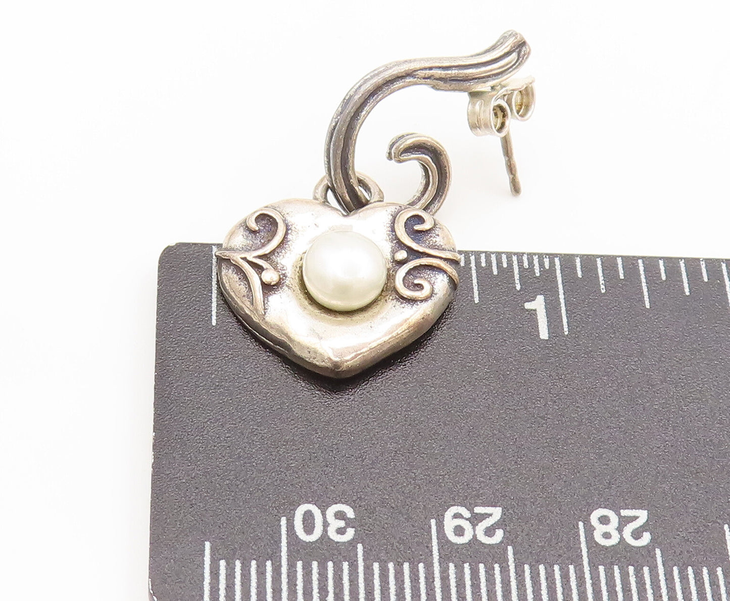 SHABLOOL ISRAEL 925 Silver  Vintage Solid Hear Carved Pearl Earrings  EG12539