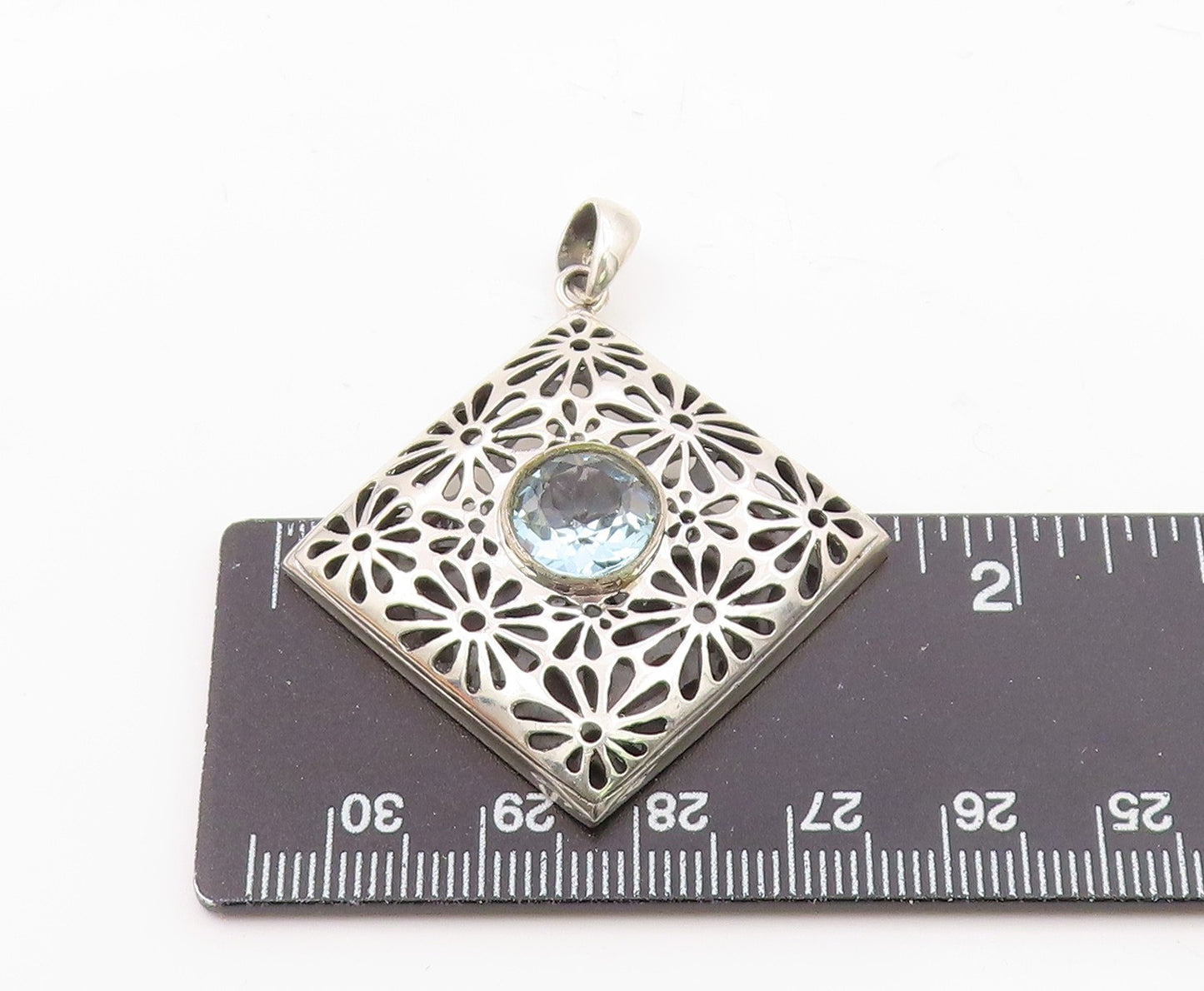 925 Silver  Vintage Floral Openwork Inlaid Blue Topaz Drop Pendant  PT21518