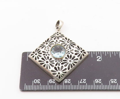 925 Silver  Vintage Floral Openwork Inlaid Blue Topaz Drop Pendant  PT21518