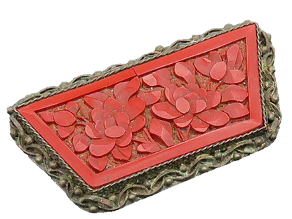 CHINESE 925 Silver  Vintage Antique Floral Carved Cinnabar Brooch Pin  BP7862