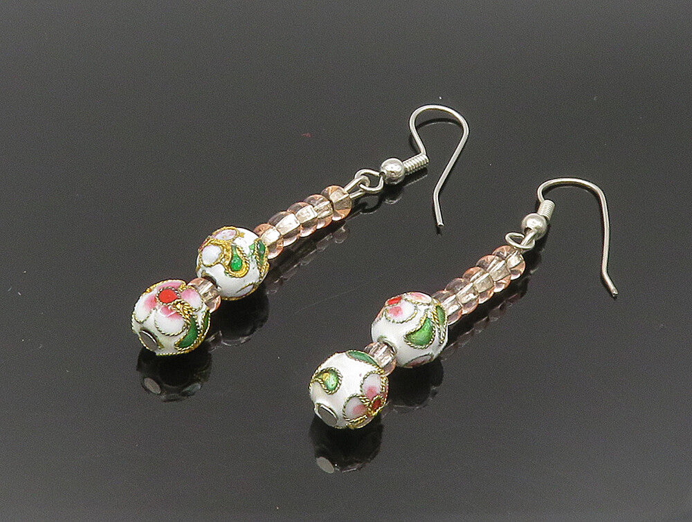 925 Sterling Silver  Vintage Floral Sphere & Beads Dangle Earrings  EG11583