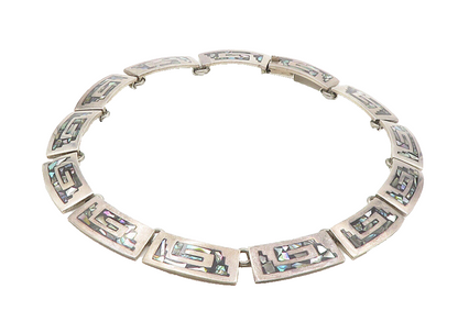 MEXICO 925 Sterling Silver  Vintage Abalone Greek Key Chain Necklace  NE1969