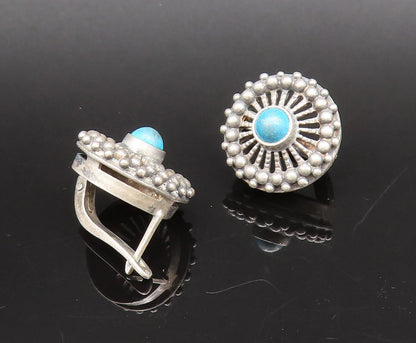 EUROPEAN 925 Silver  Vintage Beaded Edge Chrysocolla Wheel Earrings  EG12294