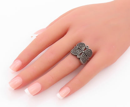 925 Sterling Silver Vintage Ring Antique Dark Tone Beaded Flower  Sz 7.5 RG32400