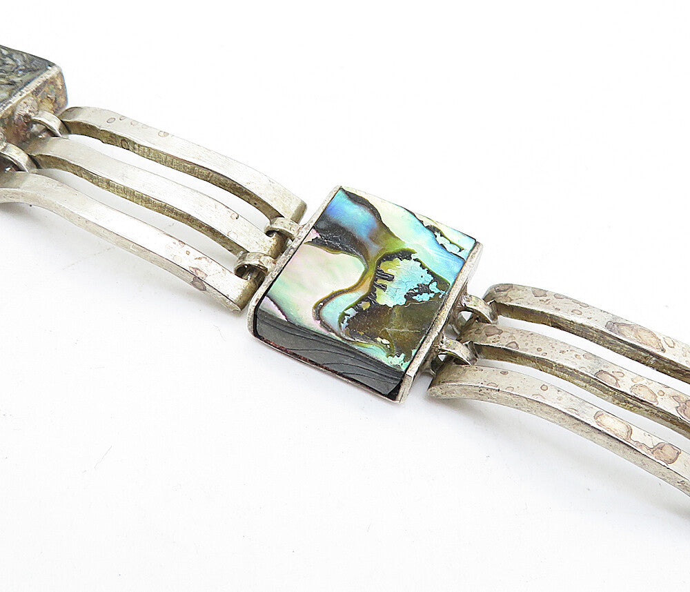 MEXICO 925 Sterling Silver Vintage Abalone Shell Square Chain Bracelet BT2006