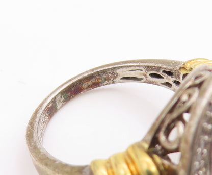 925 Sterling Silver Vintage Ring Two Tone Genuine Diamonds Band  Sz 5  RG36056