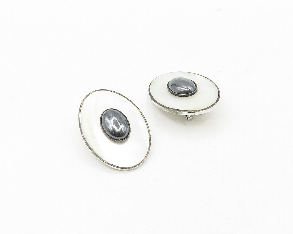 925 Sterling Silver  Mother Of Pearl & Hematite Non Pierce Earrings  EG9100