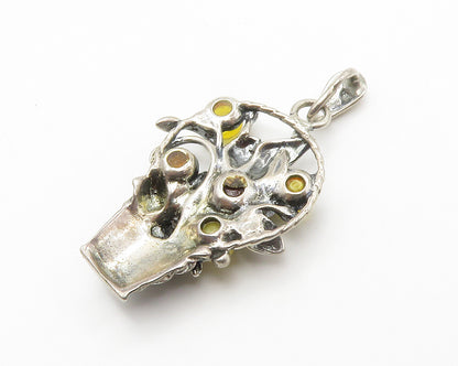 925 Sterling Silver  Vintage Cabochon Cut Amber Flower Basket Pendant  PT11116