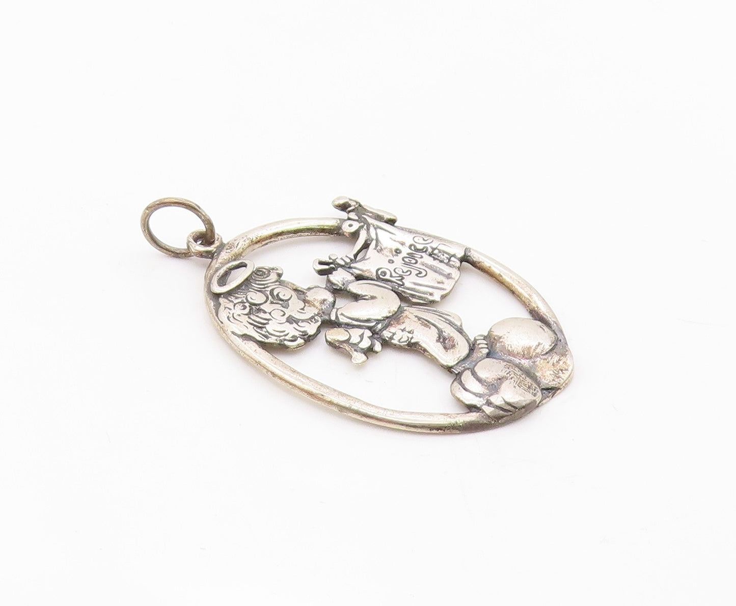 925 Sterling Silver  Vintage Baby Angel Rejoice Etched Drop Pendant  PT6415