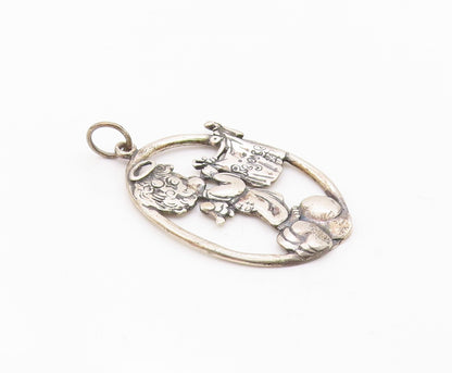 925 Sterling Silver  Vintage Baby Angel Rejoice Etched Drop Pendant  PT6415