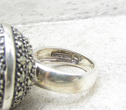925 Silver  Sapphire Cubic Zirconia & Marcasite Round Shield Ring Sz 6  RG1582