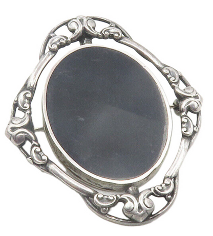 925 Sterling Silver  Vintage Black Onyx Swirl Detail Oval Brooch Pin  BP4405