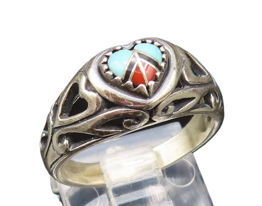 WHEELER 925 Silver  Vintage Turquoise & Coral Open Heart Ring Sz 6.5  RG25525