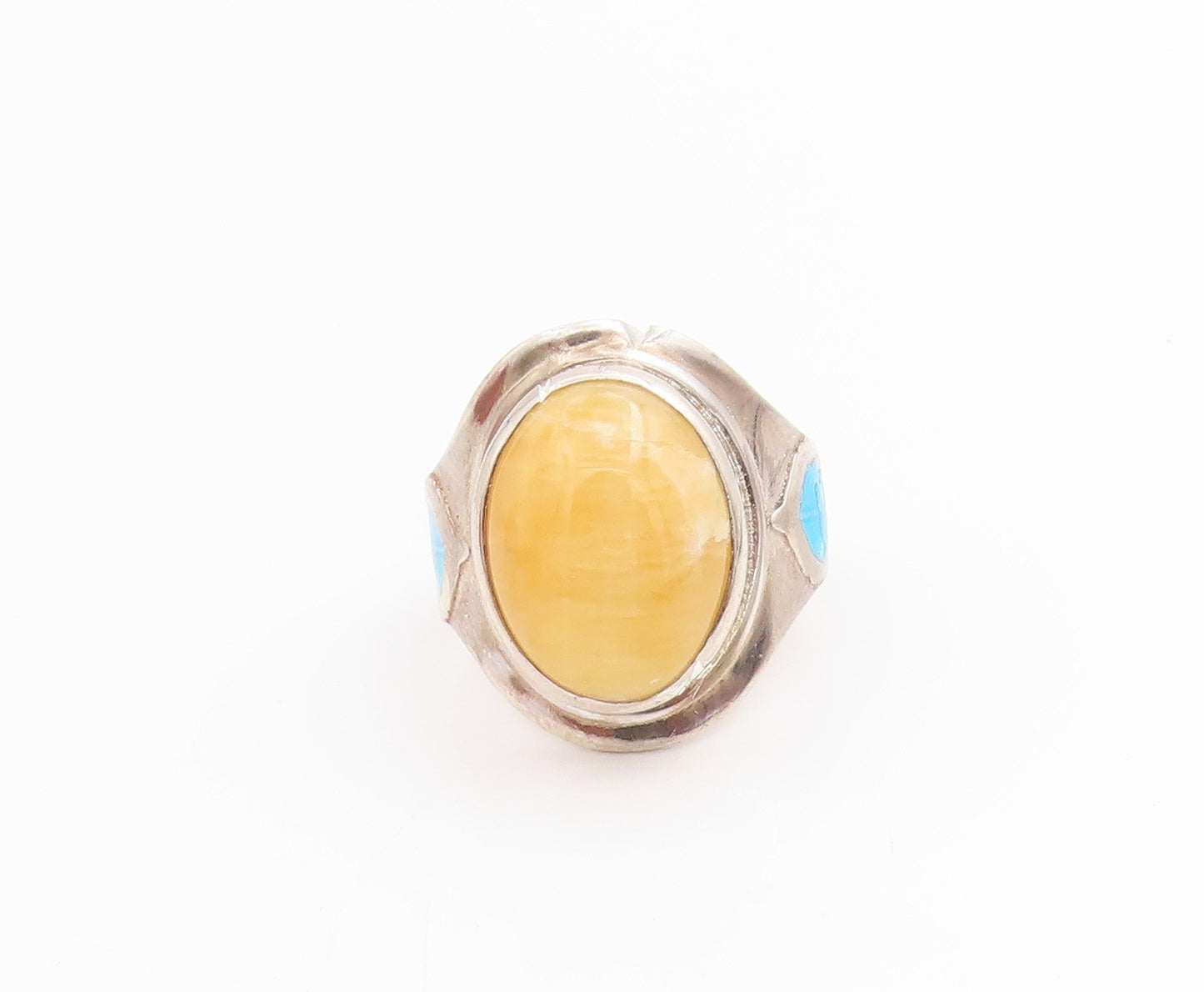 925 Sterling Silver Vintage Ring Oval Gemstone Enameled leaf Band Sz 7.5 RG33802