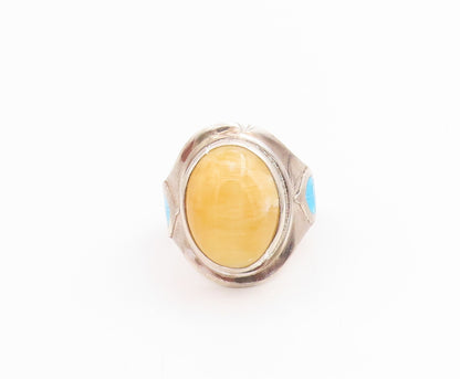 925 Sterling Silver Vintage Ring Oval Gemstone Enameled leaf Band Sz 7.5 RG33802