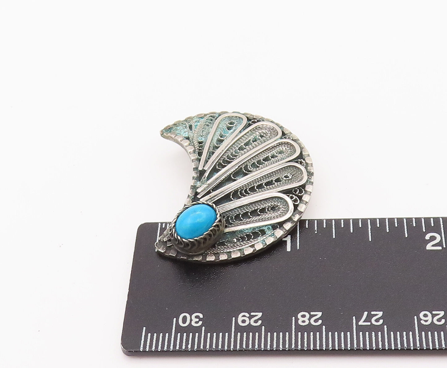 925 Sterling Silver Earrings MIDDLE EAST Turquoise Carved Feathers  EG12846
