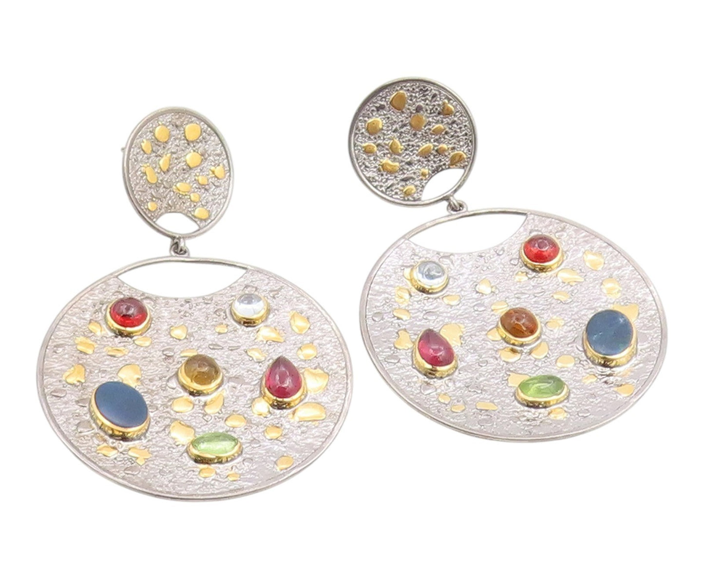 14k Gold & 925 Sterling Silver Vintage Earrings Real Gemstone Discs  EG14226