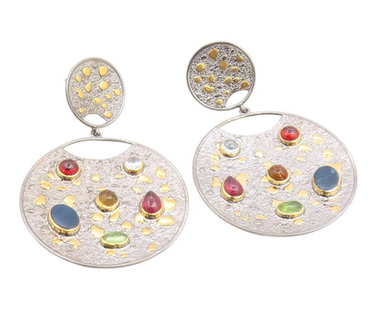 14k Gold & 925 Sterling Silver Vintage Earrings Real Gemstone Discs  EG14226