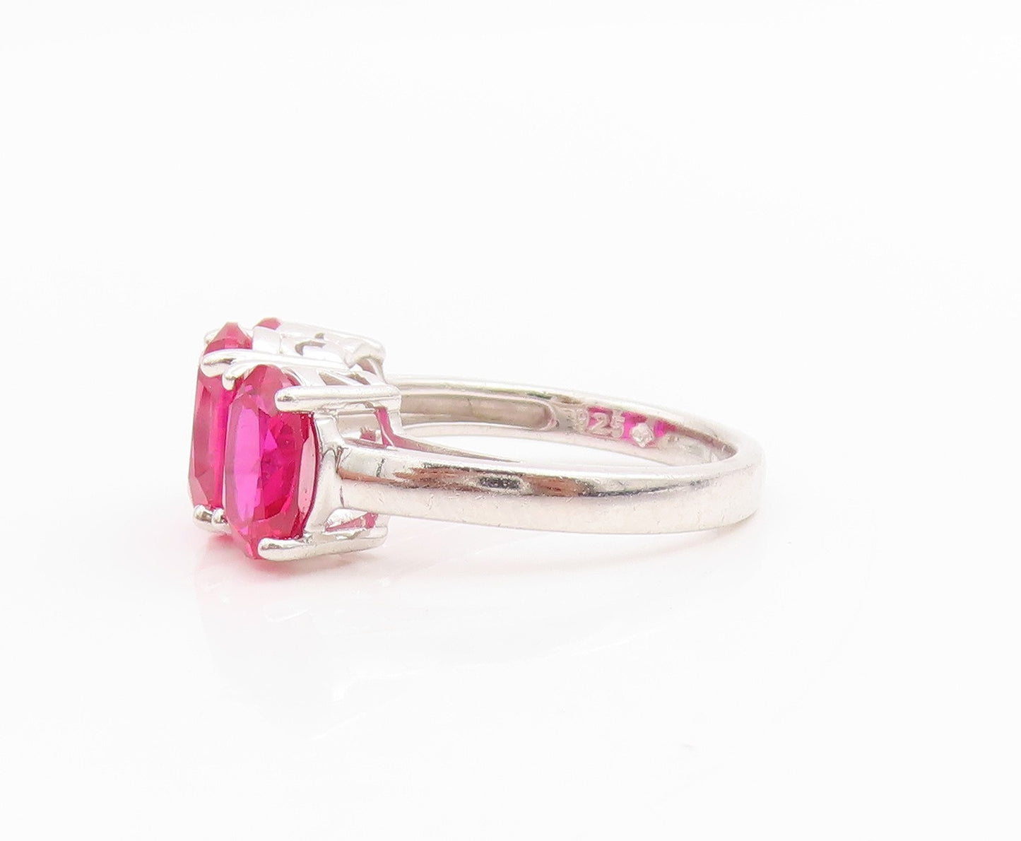 925 Sterling Silver Vintage Ring Three Stone Pink CZ Statement Band Sz 7 RG33852