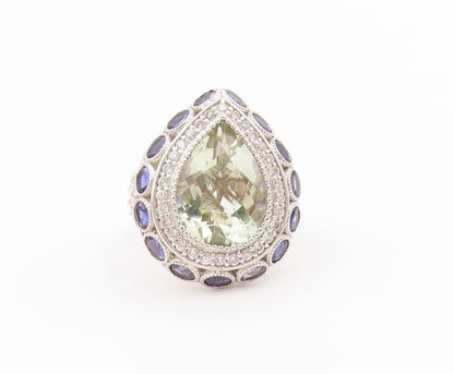 925 Sterling Silver Vintage Ring Green Amethyst Halo Tanzanite  Sz 10.5  RG36438