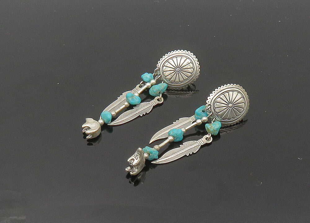 SOUTHWESTERN 925 Silver Vintage Turquoise Feather Dangle Earrings EG10447