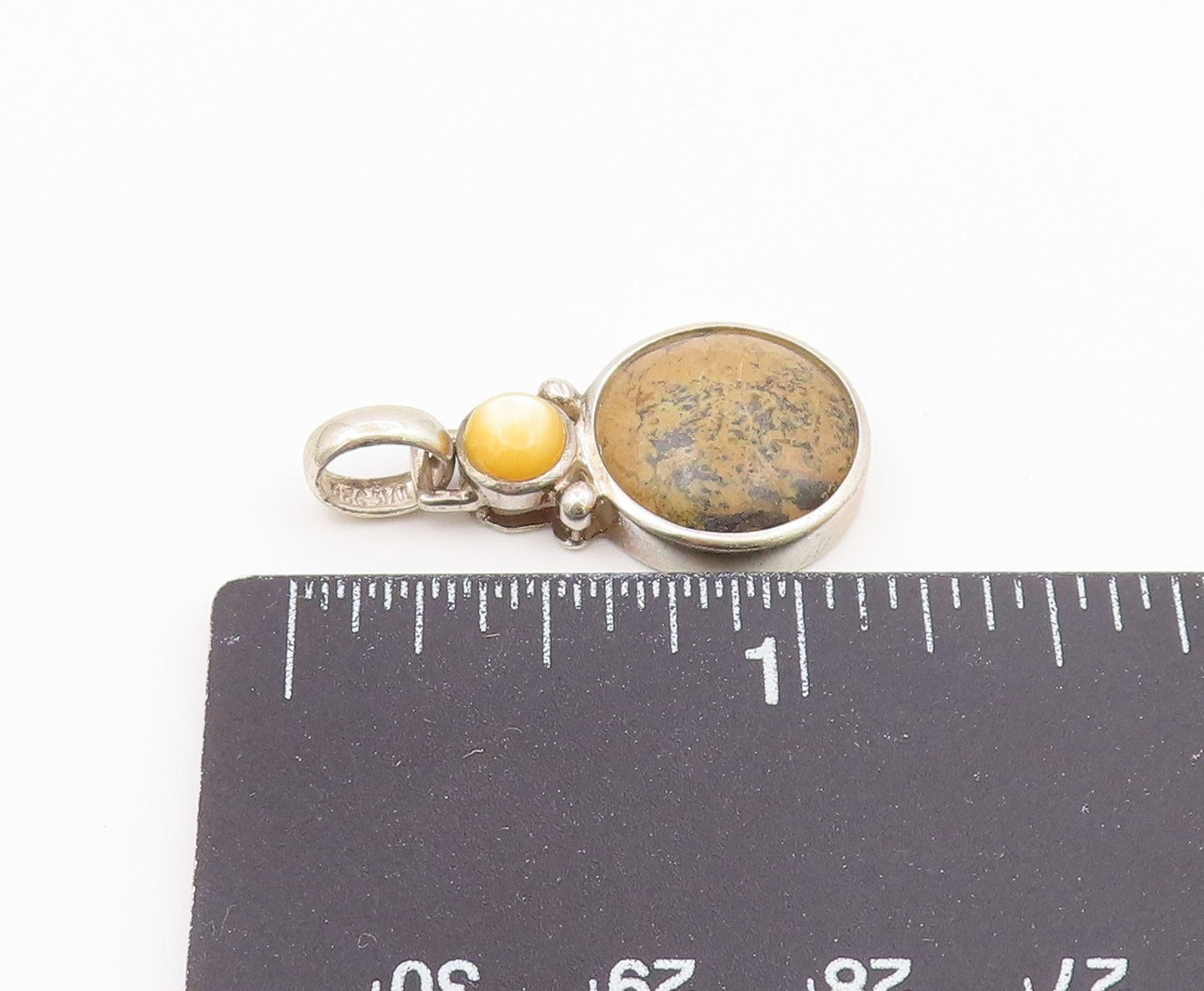 925 Sterling Silver  Vintage Cabochon Jasper & Mother Of Pearl Pendant PT16763