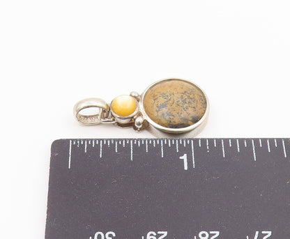 925 Sterling Silver  Vintage Cabochon Jasper & Mother Of Pearl Pendant PT16763